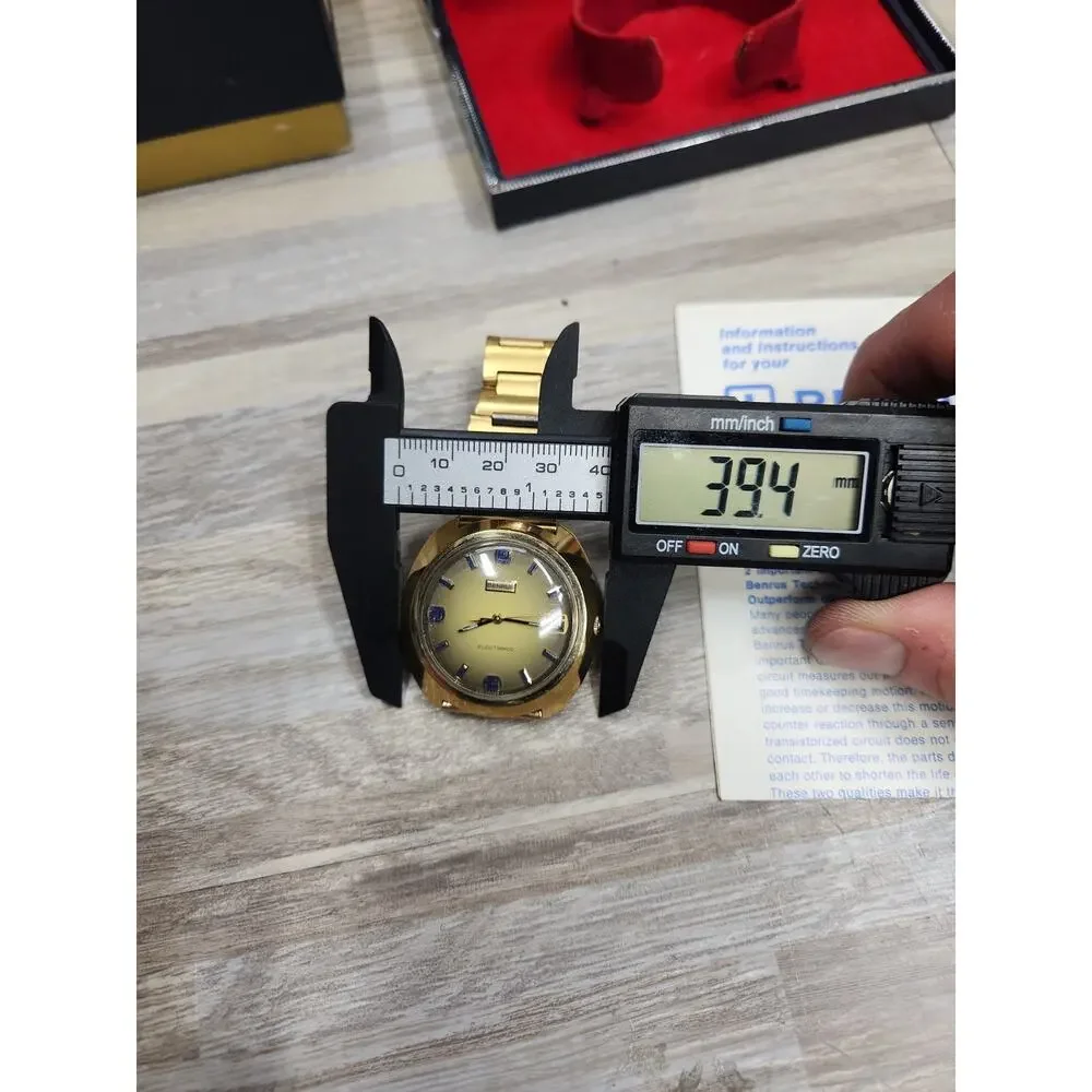 Vintage BENRUS Electronic Technipower Gold Tone Mens Watch, Box And Papers